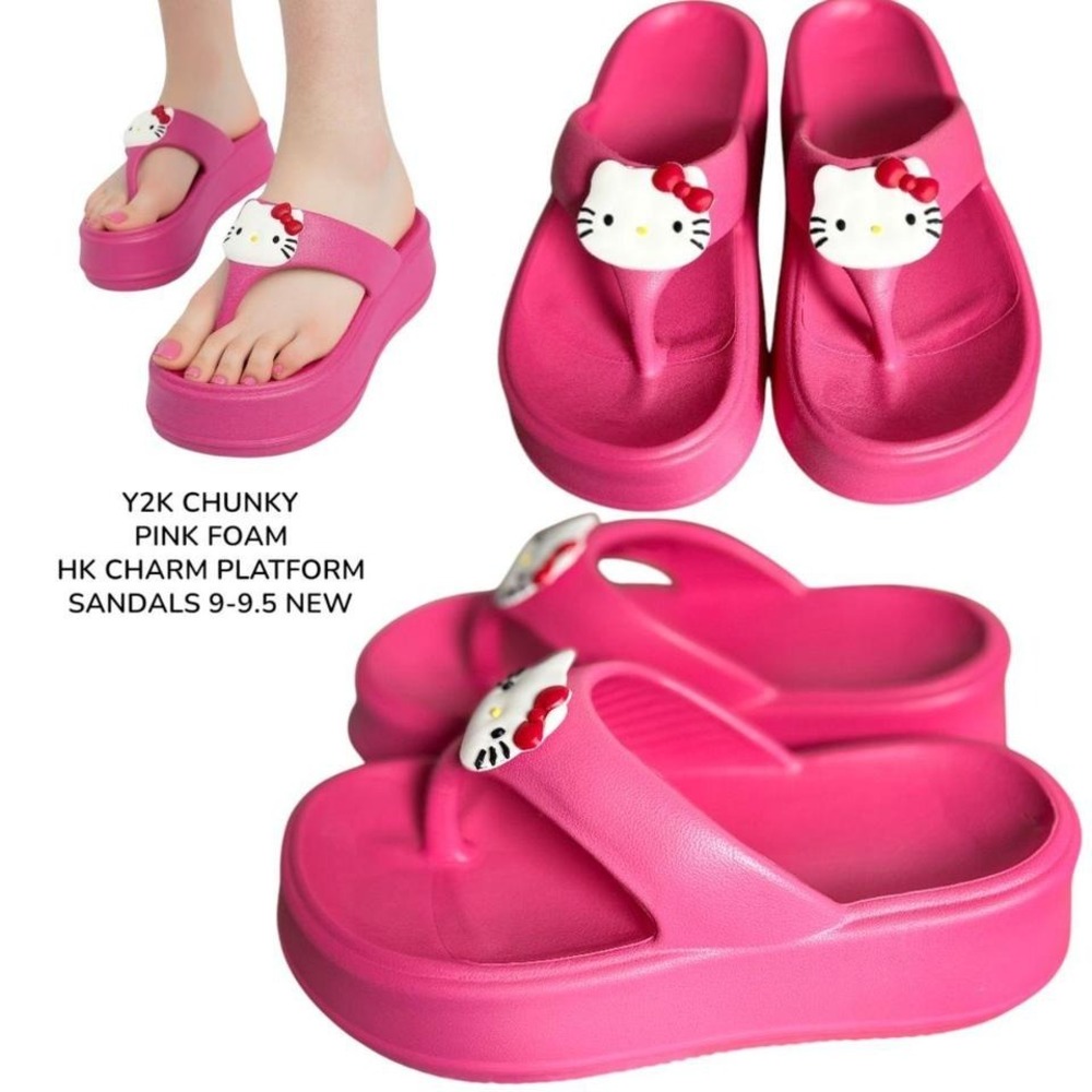 Y2K CHUNKY PINK FOAM HELLO KITTY PLATFORM SANDALS SLIDS 9-9.5 NEW